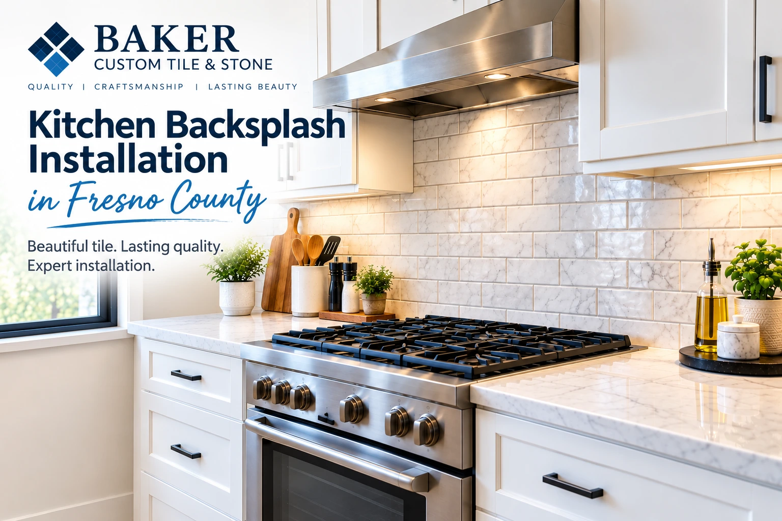 Modern kitchen with marble-look subway tile backsplash installed by Baker Tile in Fresno County.